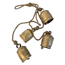 Load image into Gallery viewer, 4 LARGE COW BELLS Distressed Gold hanging on a Rustic Rope | Cow Bells | Bells | Ornamental Bells | Decorative Bells | Rustic Bells | Christmas Bells | Decorations | Home decor
