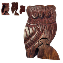 Load image into Gallery viewer, 4-piece Owl Wooden Puzzle Box | Wooden Owl Puzzle Box | Handmade wooden puzzle box | Handmade Wooden trinket secrets Box | Sustainable Shesham wooden hand carved box | 12cm (w) x 5cm (h)
