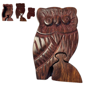 4-piece Owl Wooden Puzzle Box | Wooden Owl Puzzle Box | Handmade wooden puzzle box | Handmade Wooden trinket secrets Box | Sustainable Shesham wooden hand carved box | 12cm (w) x 5cm (h)