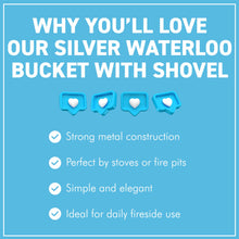 Load image into Gallery viewer, 𝗪𝗔𝗧𝗘𝗥𝗟𝗢𝗢 𝗦𝗧𝗬𝗟𝗘 𝗦𝗜𝗟𝗩𝗘𝗥 𝗙𝗜𝗡𝗜𝗦𝗛 𝗖𝗢𝗔𝗟 &amp; 𝗔𝗦𝗛 𝗕𝗨𝗖𝗞𝗘𝗧 𝗪𝗜𝗧𝗛 𝗦𝗛𝗢𝗩𝗘𝗟 | H29cm x W22cm x D25cm | Heat-Resistant Metal Bucket for Fireplace | Log Burner or Stove | 𝗙𝗜𝗥𝗘𝗦𝗜𝗗𝗘 Accessory for Ash, Coal &amp; Log Storage
