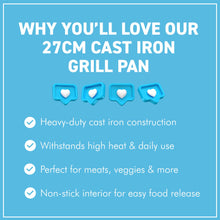 Load image into Gallery viewer, 𝟮𝟳𝗰𝗺 𝗡𝗢𝗡-𝗦𝗧𝗜𝗖𝗞 𝗖𝗔𝗦𝗧 𝗜𝗥𝗢𝗡 𝗚𝗥𝗜𝗟𝗟 𝗣𝗔𝗡 | Indoor &amp; Outdoor Cooking | Gas | Electric &amp; Induction Hob | Heavy Duty | Durable| Stovetop &amp; Oven Safe
