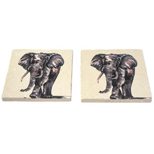 Load image into Gallery viewer, 2 x ELEPHANT STONE COASTERS | Stone Coasters | Animal novelty gift | Coaster for glass, mugs and cups| Square coaster for drinks | Elephant gift | Meg Hawkins art | 10cm x 10cm
