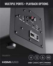 Load image into Gallery viewer, Refurbished Majority ACTIVE BOOKSHELF SPEAKERS | 2.2 Stereo System | 5.3 Bluetooth, USB Playback &amp; Charging | AUX, HDMI ARC, Optical, Phono | TV, PC, Turntable &amp; Gaming Speakers | D100X Black

