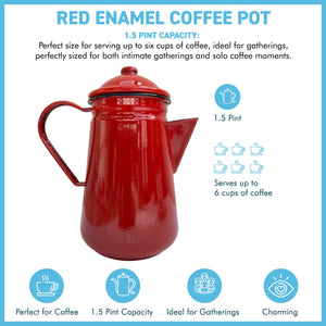 Elegant Traditional Red Enamel Coffee Pot 1.5 Pint Capacity, Ideal for Home and Outdoor Use with Handle and Lid