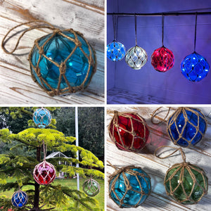 Set of 4 Glass Fishing Buoys Tiki Bar Lights with LED Lights, Nautical-Style Ornaments for Home Decor