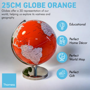 ORANGE WORLD GLOBE | Globes of the world | World globe for adults | Earth globe | Desk ornament | Explorers gift | World globe | 25cm (D) x 25cm (W) x 30 cm (H)