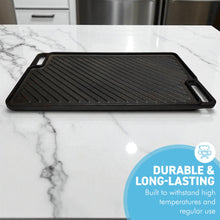 Load image into Gallery viewer, 𝗗𝗢𝗨𝗕𝗟𝗘-𝗦𝗜𝗗𝗘𝗗 𝗖𝗔𝗦𝗧 𝗜𝗥𝗢𝗡 𝗚𝗥𝗜𝗗𝗗𝗟𝗘 Pan 46x26cm, Reversible Non-Stick Grill Skillet for BBQ, Oven, Gas &amp; Electric Hob, Rectangular Pan with Handles
