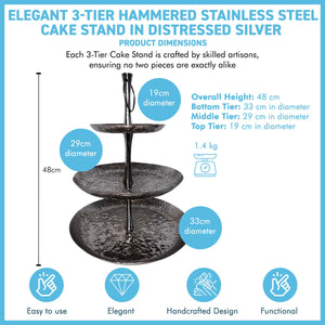 3 Tier Hammered Stainless Steel Cake Stand in Distressed Silver, Perfect for Showcasing Your Culinary Creations