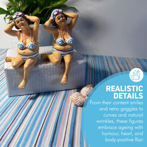 2 Retro Style Fat Bathing Ladies in Blue Striped Bikinis, Novelty Bathroom Figurines