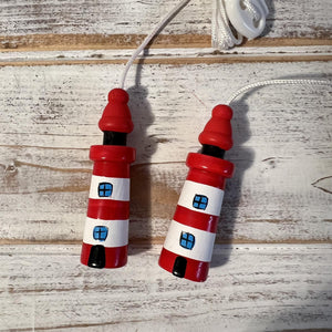 Pair of Red and white Lighthouse light pulls | Nautical Theme Wooden Lighthouse Cord Pull Light Pulls