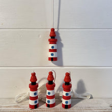 Load image into Gallery viewer, Set of 4 Red and white Lighthouse light pulls | Nautical Theme Wooden Lighthouse Cord Pull Light Pulls
