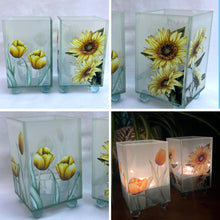 Load image into Gallery viewer, Set of 2 Floral Glass Votive Candle Holders,  Sunflower &amp; Yellow Tulip
