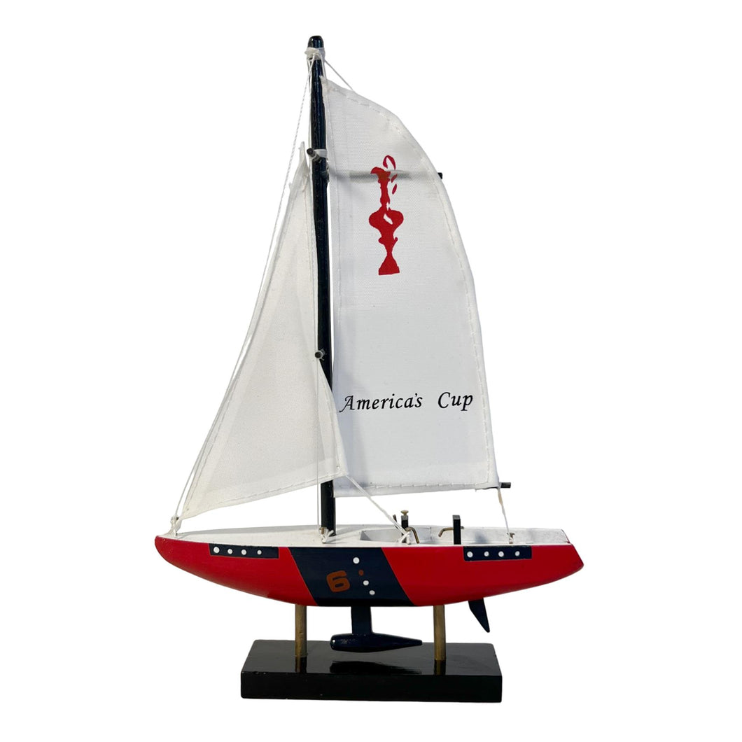 BACK AND RED HULL HULL NO 6 AMERICAS CUP MODEL YACHT | Sailing | Yacht | Boats | Models | Sailing Nautical Gift | Sailing Ornaments | Yacht on Stand | 33cm (H) x 21cm (L) x 4cm (W)