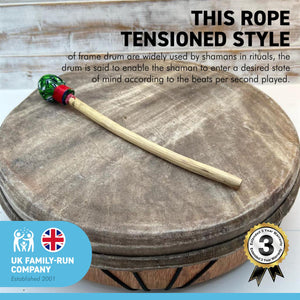 40cm diameter Ghanaian Shamanic Sami hand drum with wooden beater | frame drum | medicine | Viking / Pagan Hand Drum | wooden frame | rope weaved handles at the rear | deep resonant tone