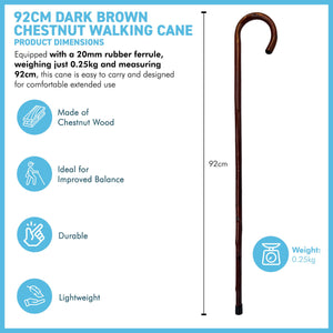 92cm Dark Brown Chestnut wooden Walking Cane, lightweight mobility aid with rubber ferrule for enhanced stability and comfort