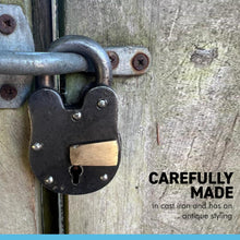 Load image into Gallery viewer, HEAVYWEIGHT CAST ANTIQUE STYLE IRON METAL PADLOCK | Love Padlock | Industrial Style Padlock | Key Padlock | Shed padlock | Gate Padlock | 9cm x 6cm | 2 Keys | Pirates Treasure Chest Padlock
