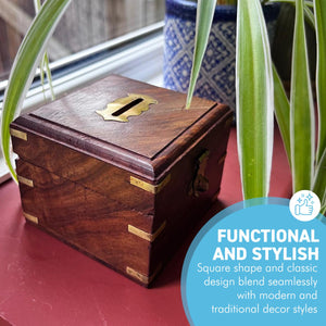 Handcrafted Wooden Money Box, Square Coin Piggy Bank, Decorative Savings Storage, Secure and Durable Safe for Coins