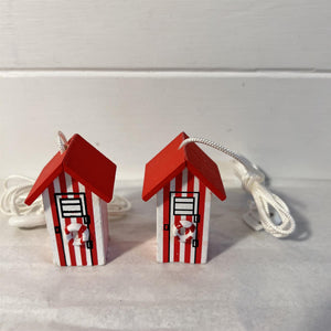 Set of 2 Red and white beach hut light pulls| Nautical Theme Wooden Beach Hut Cord Pull Light Pulls