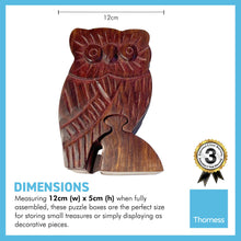 Load image into Gallery viewer, 4-piece Owl Wooden Puzzle Box | Wooden Owl Puzzle Box | Handmade wooden puzzle box | Handmade Wooden trinket secrets Box | Sustainable Shesham wooden hand carved box | 12cm (w) x 5cm (h)
