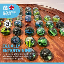 Load image into Gallery viewer, POLISHED WOODEN SOLITAIRE SET WITH MIXED COLOURED GLASS MARBLES | Wooden Games | Marble Games | Games for One | Traditional Games
