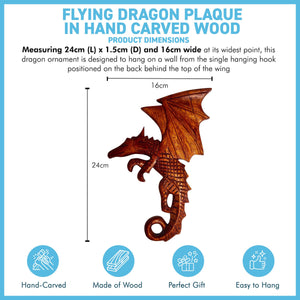 Flying Dragon Plaque in Hand Carved Wood, Wooden Mythical Flying Dragon Ornament