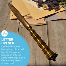 Load image into Gallery viewer, Distressed Brass Letter Opener with ridged brass handle, Envelope Opener for home or office use
