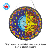 Load image into Gallery viewer, Sun and moon eclipse glass sun catcher with geometric border | 150mm diameter with chain for hanging | colour catcher | window decoration | perfect for conservatory | living rooms | garden | garden ha
