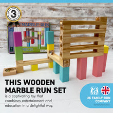Load image into Gallery viewer, WOODEN 30 piece MARBLE RUN with six coloured glass marbles | Create and build different marble runs | Helps problem solving creativity and hand to eye coordination | Suitable for 4 and above
