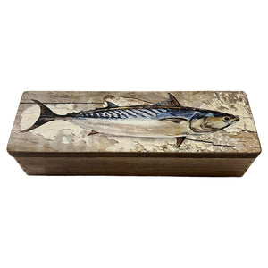 Nautical Wooden Treasure Chest with Mackerel Fish Design for Pencil Fishing Tackle and Decor