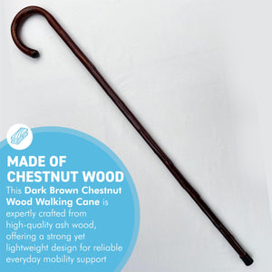 92cm Dark Brown Chestnut wooden Walking Cane, lightweight mobility aid with rubber ferrule for enhanced stability and comfort