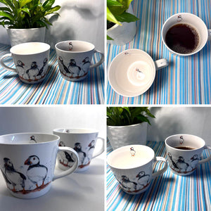 Pair of Puffin Trio Mugs, 100% Bone China, Gift for Nature Lovers, Coastal Home Decor