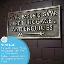 Load image into Gallery viewer, Vintage style 𝗚𝗪𝗥 𝗖𝗔𝗦𝗧 𝗜𝗥𝗢𝗡 𝗟𝗘𝗙𝗧 𝗟𝗨𝗚𝗚𝗔𝗚𝗘 PLAQUE, classic railway memorabilia Sign, 15cm x 7.5cm x 0.5cm
