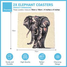 Load image into Gallery viewer, 2 x ELEPHANT STONE COASTERS | Stone Coasters | Animal novelty gift | Coaster for glass, mugs and cups| Square coaster for drinks | Elephant gift | Meg Hawkins art | 10cm x 10cm
