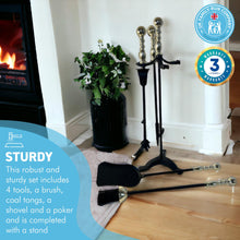 Load image into Gallery viewer, Large brass handled metal 5-piece fireside companion set | Fire companion sets | includes stand, brush, tongs, poker, and shovel | 61cm high | Wood burner set | Fireside tools accessories
