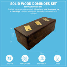 Load image into Gallery viewer, Solid Wood Dominoes Set with Brass Inlay Storage Box - 28 Tiles with Brass Spots and a Hinged Lid
