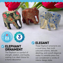 Load image into Gallery viewer, SET OF THREE PAPER MACHE ELEPHANT ORNAMENTS | Animal Decorations | Wildlife Sculptures | Paper Mache Animals | Multi coloured | Home Decor | Elephants represent Good Luck

