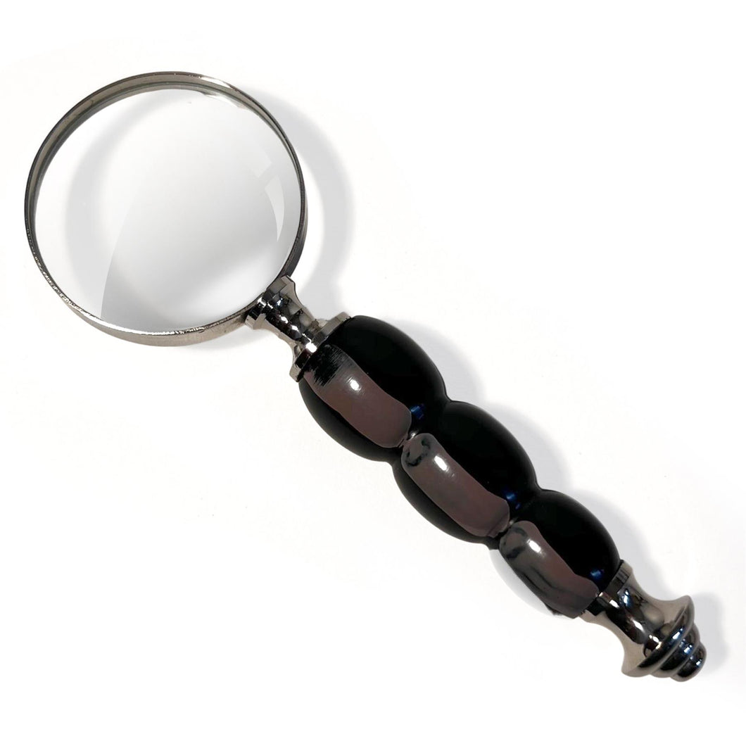 Silver Handheld Magnifying Glass with black beaded handle, Stylish Magnifier for reading