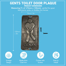 Load image into Gallery viewer, 𝗩𝗜𝗡𝗧𝗔𝗚𝗘 𝗦𝗧𝗬𝗟𝗘 𝗚𝗘𝗡𝗧𝗦/𝗠𝗘𝗡𝗦 𝗖𝗔𝗦𝗧 𝗜𝗥𝗢𝗡 𝗧𝗢𝗜𝗟𝗘𝗧 𝗗𝗢𝗢𝗥 𝗦𝗜𝗚𝗡 | 𝟯′ 𝘅 𝟲’ (𝟳𝟱𝗺𝗺 𝘅 𝟭𝟱𝟬𝗺𝗺) | Plaque | Bathroom | Wall Decor | Antique Style | Bathroom Sign | Restroom | Door Sign | Decorative Home Accessory
