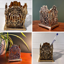 Load image into Gallery viewer, Elegant Art Nouveau Sunflower Pen Holder – Polished Brass Desk Organizer, Tidy Rack for Workspace Decor
