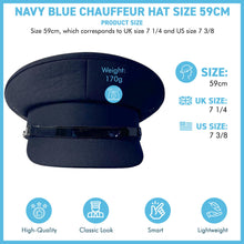 Load image into Gallery viewer, Navy Blue Chauffeur&#39;s Cap,  Classic Round-Domed Hat, High-Quality Polyester, PVC Band, Leatherette Sweatband, Size 59cm,  Ideal for Professional &amp; Elegant Look
