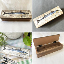 Load image into Gallery viewer, Nautical Wooden Treasure Chest with Mackerel Fish Design for Pencil Fishing Tackle and Decor
