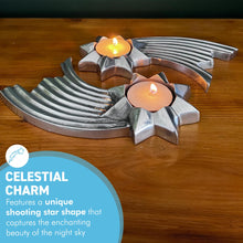 Load image into Gallery viewer, Set of Two Celestial Elegance: Brushed Silver Aluminum Shooting Star Tea Light Candle Holders,  Modern Decorative Accent
