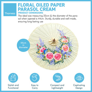 FLORAL OILED PAPER SUNSHADE PARASOL | Sun Protection | Wedding Accessories | UV Protection | Pink and Blue Flowers | Butterflies | Cream