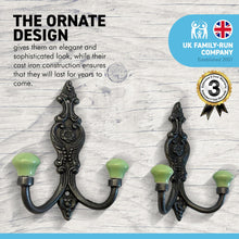Load image into Gallery viewer, SET OF 2 CAST IRON FRENCH STYLE DOUBLE ORNATE HOOKS | Lime green Ceramic Ball Tops | Cloakroom Hook | Decorative Double Hook, hat and coat hook | 15cm x 11cm.
