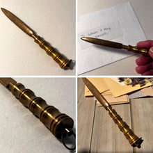 Load image into Gallery viewer, Distressed Brass Letter Opener with ridged brass handle, Envelope Opener for home or office use

