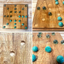 Load image into Gallery viewer, Nine Mans Morris marble game with wooden board | Quirky strategy solitaire marble game | includes 20 glass marbles and wooden board | 14cm x 14cm | Mill Game | Traditional wooden game
