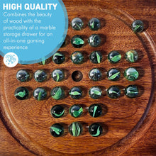 Load image into Gallery viewer, Wooden Solitaire with Drawer for Traditonal Green Marbles | Travel Games | Strategic &amp; Traditional Games | Perfect for Adults &amp; Family Fun
