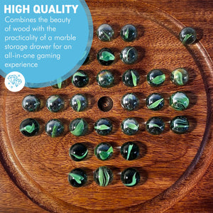 Wooden Solitaire with Drawer for Traditonal Green Marbles | Travel Games | Strategic & Traditional Games | Perfect for Adults & Family Fun