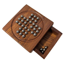 Load image into Gallery viewer, WOODEN SOLITAIRE WITH DRAWER FOR STORING THE METAL MARBLES| Travel games | Wooden Games | Strategic Games | Traditional Games Loved by Adults
