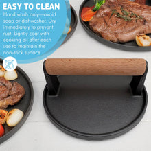 Load image into Gallery viewer, 𝗛𝗘𝗔𝗩𝗬 𝗗𝗨𝗧𝗬 𝗖𝗔𝗦𝗧 𝗜𝗥𝗢𝗡 𝗦𝗧𝗘𝗔𝗞 𝗣𝗥𝗘𝗦𝗦: 17cm (7in) Non-Stick Round Grill Press | Wooden Handle for Burgers, Bacon &amp; Steaks | Flat Top Griddle | BBQ Meat Press
